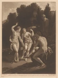 Homme jouant de la flûte devant deux nymphes dansantes
