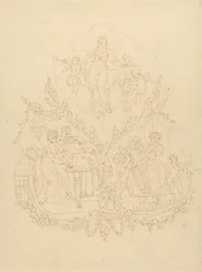 Figures féminines et putti jouant des instruments de musique