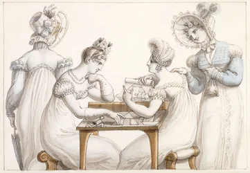 Dames découpant des silhouettes et dames conversant dans un intérieur
