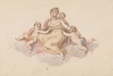 Mère et enfants assis sur un nuage