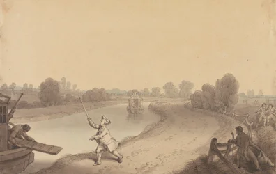 Canal de Paddington : la jonction à Wormwood Scrubbs, avec un passager hélant le bateau de passage d