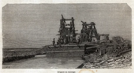 Dragues sur le canal de Suez, dessin de Grenet, pour illustrer une excursion au canal de Suez en 1862 par Paul Merruau. Gravure dans « Le tour du monde », édité par Edouard Charton