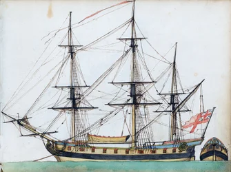 Navire britannique de 20 canons, montrant le gréement et une chaloupe, et une vue séparée de la poupe, vers 1780
