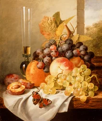 Fruits sur un rebord drapé avec un vulcain