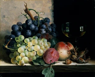 Nature morte avec fruits et verre de vin. Peinture de Edward Ladell (1821-1886) Collection privee.