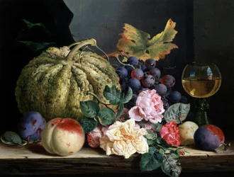 Nature morte de fleurs et fruits. Peinture de Edward Ladell (1821-1886) Collection privee.