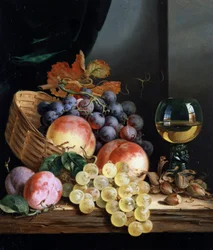 Nature morte de fruits et noisettes. Peinture de Edward Ladell (1821-1886) Collection privee.