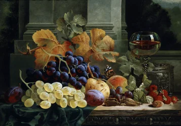 Nature morte de fruits et papillon. Peinture de Edward Ladell (1821-1886) Collection privee.