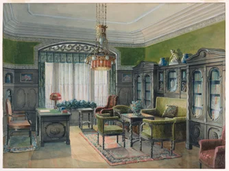 Dessin, intérieur de bibliothèque ou de bureau, vers 1915