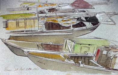 Études de bateaux vénitiens, amarrés. Dessin à l