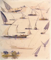 Études de divers bateaux égyptiens. Dessin aquarelle coloré
