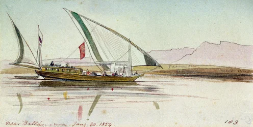 Étude de gyassi (bateau égyptien), sur le Nil près de Ballas (Égypte). Dessin aquarelle coloré