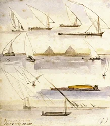 Étude de divers bateaux égyptiens (Dahabeeyahs et Gyassis), avec une scène devant les pyramides de Gizeh (Le Caire) au milieu de la page