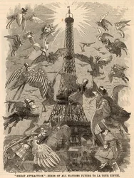Oiseaux de toutes les nations volant vers la tour Eiffel