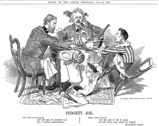 Gouvernement de coalition. Le duc de Devonshire et Arthur Balfour, au centre, tentent de maîtriser Joseph Chamberlain, chef du parti minoritaire de la coalition. En septembre 1903, il démissionna afin de pouvoir défendre librement ses réformes douanières.