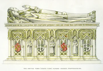 Lady Isabel Neville et son deuxième mari, Sir William Smythe, du tombeau Smythe, église St. Peter, Elford, Staffordshire, Angleterre, 1848-9