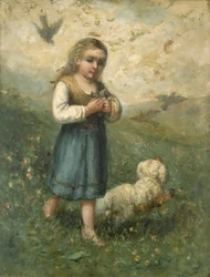 Enfant avec oiseaux et chien