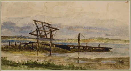 Paysage avec quai, mer et plage (#18), vers 1880