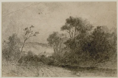 Paysage avec toits derrière des arbres (#49) c. 1880s