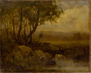 Sans titre (paysage, berge, trois vaches)