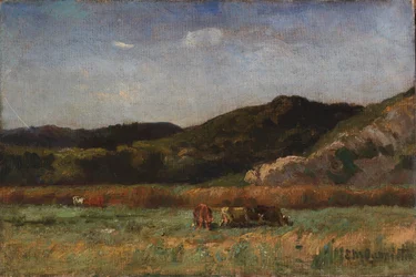 Sans titre (paysage avec vaches en train de brouter, collines)