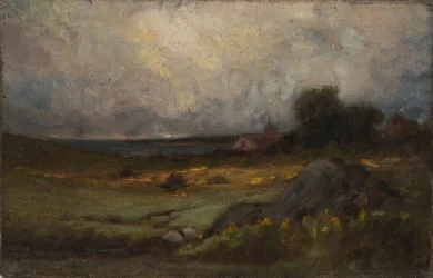 Sans titre (paysage avec rocher au premier plan et toit avec clocher, lac à l