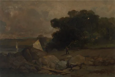 Sans titre (paysage avec des rochers, un homme et des voiliers)