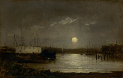 Sans titre (lune sur un port, scène de quai avec pleine lune et mâts de bateaux)