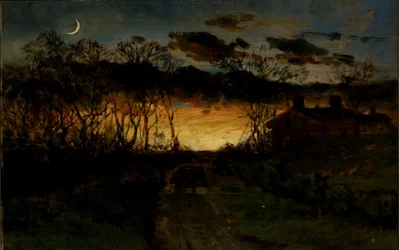 Sans titre (coucher de soleil avec quart de lune et ferme)