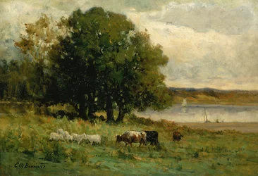 Sans titre, bétail près de la rivière avec voilier au loin, n.d.