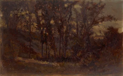 Scène de forêt sans titre, arbre tombé au premier plan et maison en arrière-plan, 1873