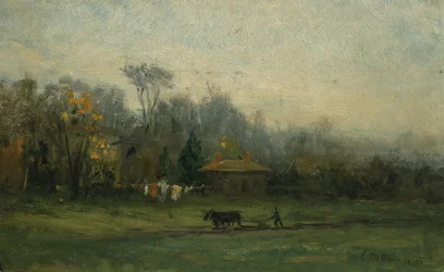 Paysage sans titre avec homme labourant les champs