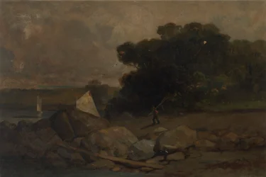 Paysage sans titre avec des rochers, un homme et des voiliers