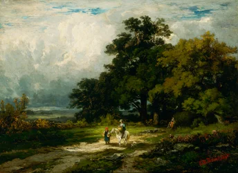 Homme sans titre à cheval avec femme et chien