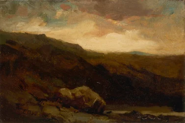 Paysage montagneux sans titre avec rocher et ruisseau au premier plan, n.d.