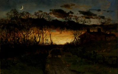 Coucher de soleil sans titre avec quart de lune et ferme, 1883