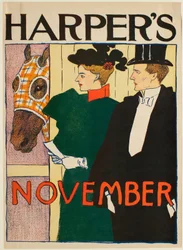 Dame et gentleman devant une écurie, novembre Harper