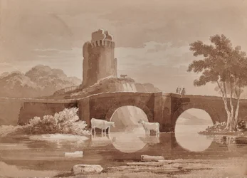 Paysage avec pont et vaches