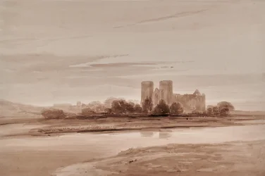 Paysage avec église et rivière ou lac