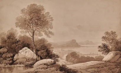 Paysage avec lac et cottage