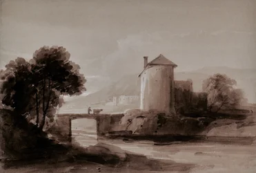 Paysage avec homme et vache sur un pont