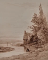 Paysage aquatique avec personnages et un petit bateau