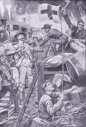 Faux ambulanciers détruisant des magasins à Komati Foort sous couvert du drapeau de la Croix-Rouge, illustration de Après Pretoria : La guerre de guérilla, 1902