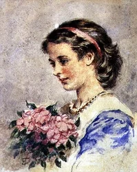 Jeune fille avec un bouquet de fleurs roses