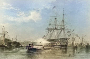 Navire amiral de la marine britannique saluant dans le port de Gosford, Angleterre. 19ème siècle (gravure)