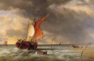 Un galliot hollandais échoué sur un banc de sable au Bies Bosch, Hollande, 1878