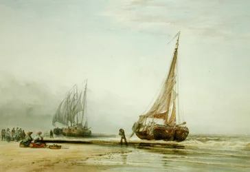 Bateaux de pêche néerlandais sur la plage avec des groupes de pêcheurs