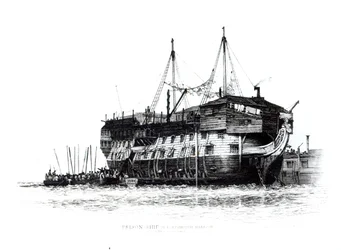 Navire-Prison dans le Port de Portsmouth : Convicts Embarquant, 1828