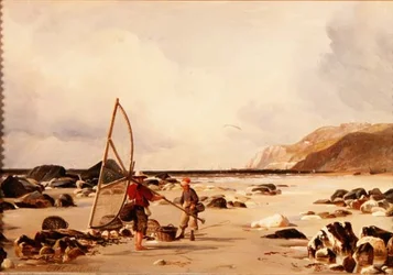 Pêcheurs de crevettes sur une plage