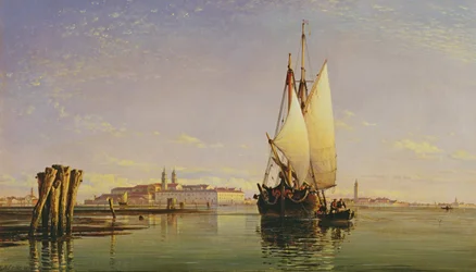 Les collines euganéennes et la lagune de Venise - Trabaccola attendant la marée, coucher de soleil, 1853
